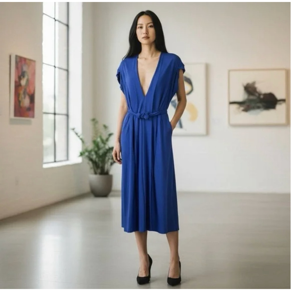 Roland Mouret Blue Plunge Deep V Neck Tie Belt Dress 8 Made in France